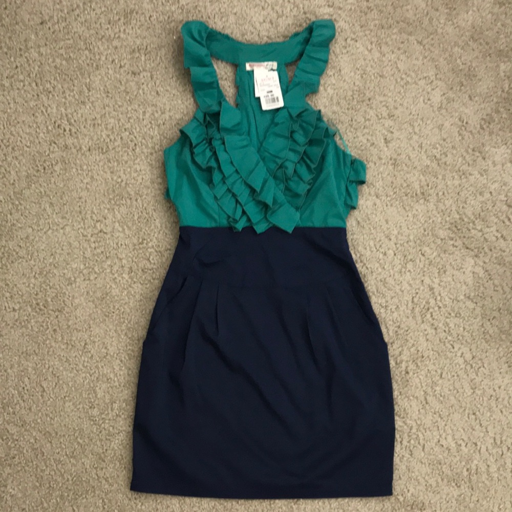 NWT A’gaci Green & Navy Ruffle Dress with Pockets